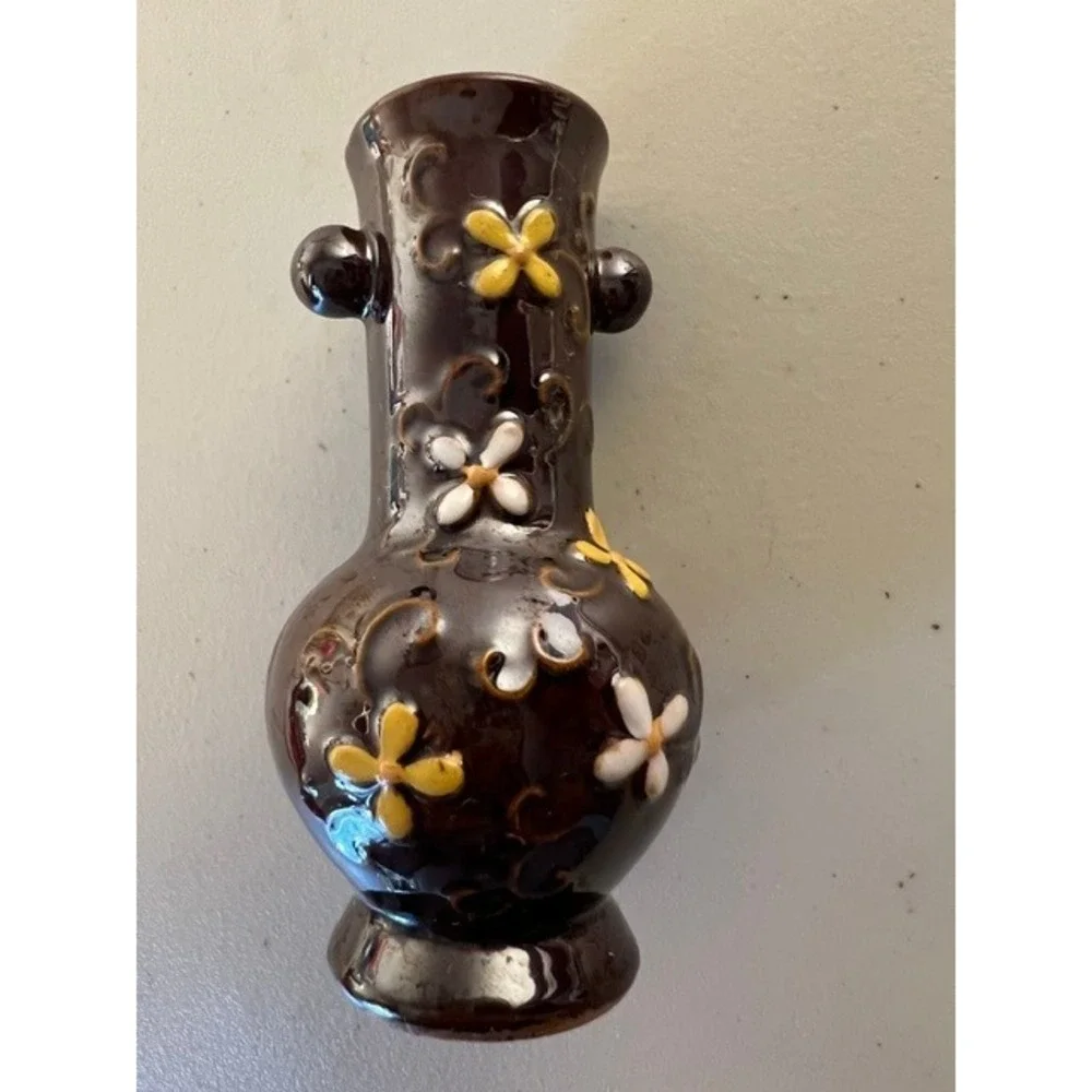 Vintage Made in Occupied Japan Miniature Bud Vase Brown‎ Moriage Floral 4 Inch
